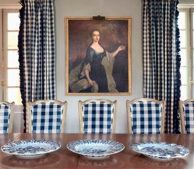 gingham blue white check vichy dining room louis chairs portrait drapes drapery curtains louis XVI cococozy andrew maier